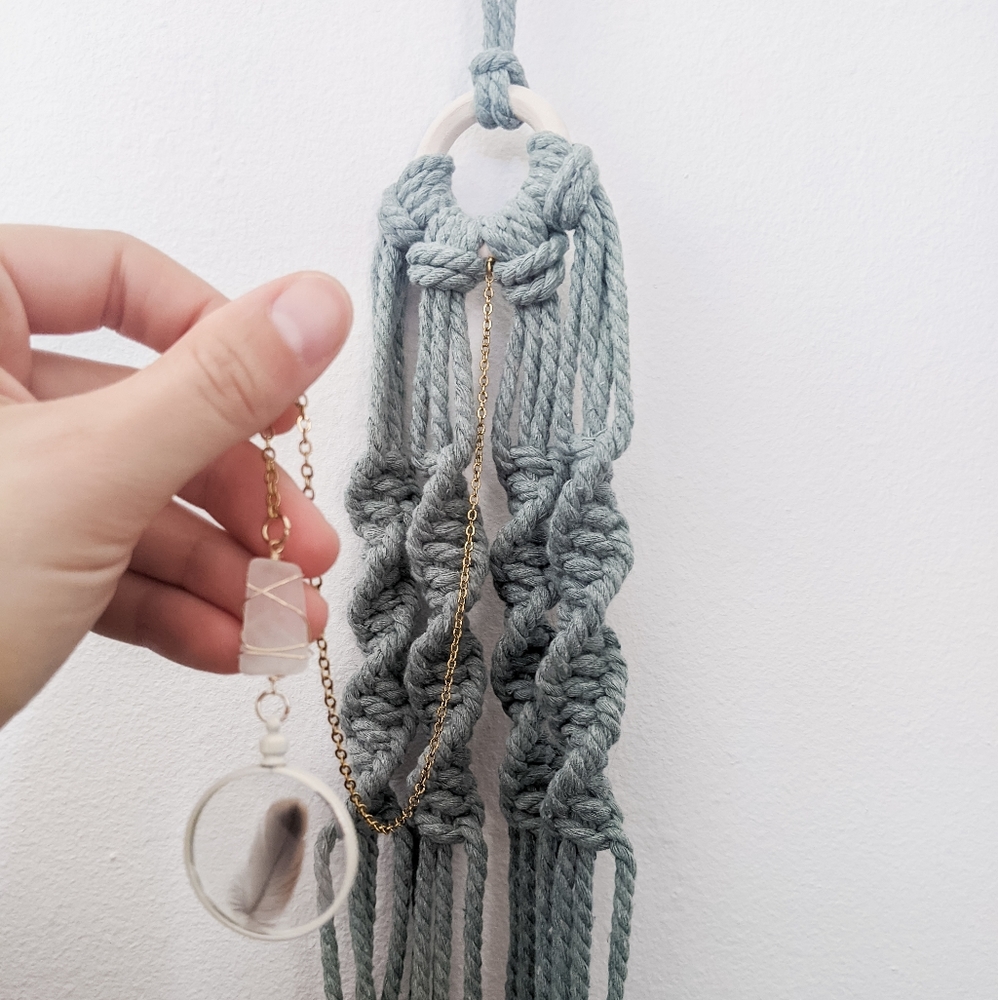 Handmade Boho Macrame Plant Hanger with Feather Locket and Sea Glass Charm